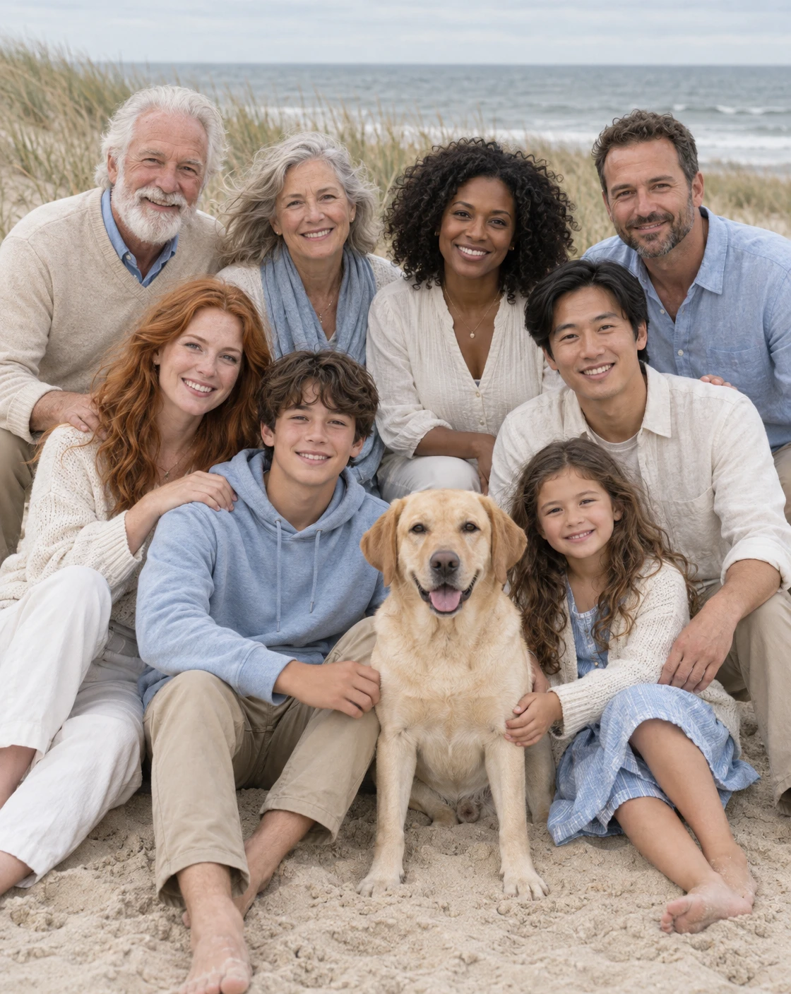 Eight of you, sand everywhere, one happy dog.