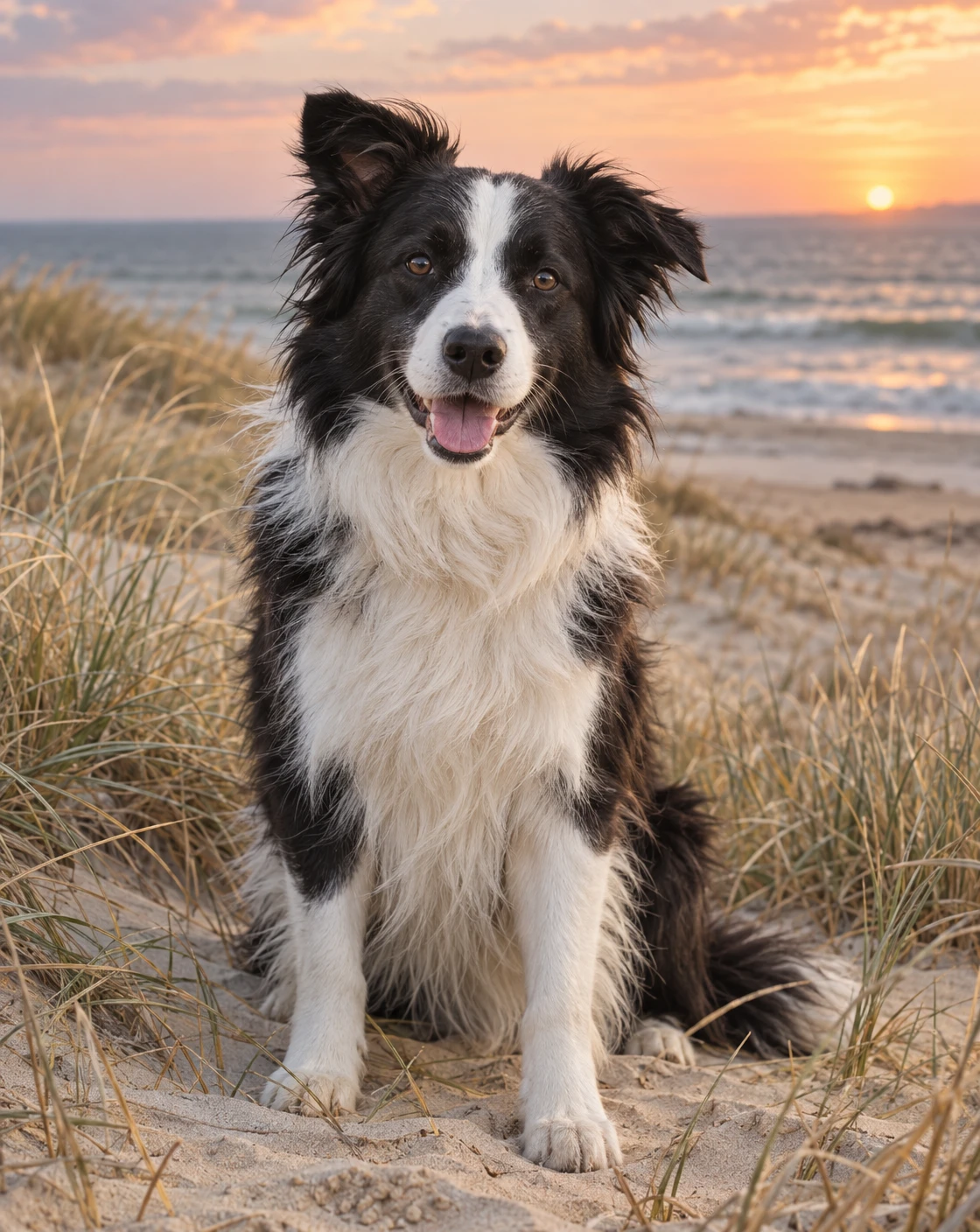Sea grass, soft waves, a pastel sunset.