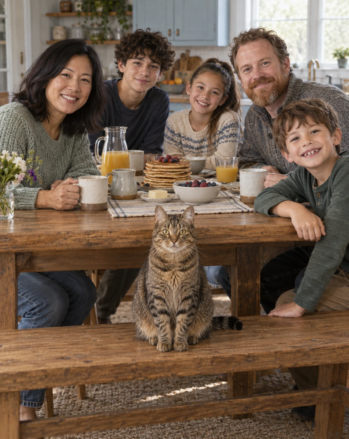 Pancakes, coffee, and everyone in one kitchen.
