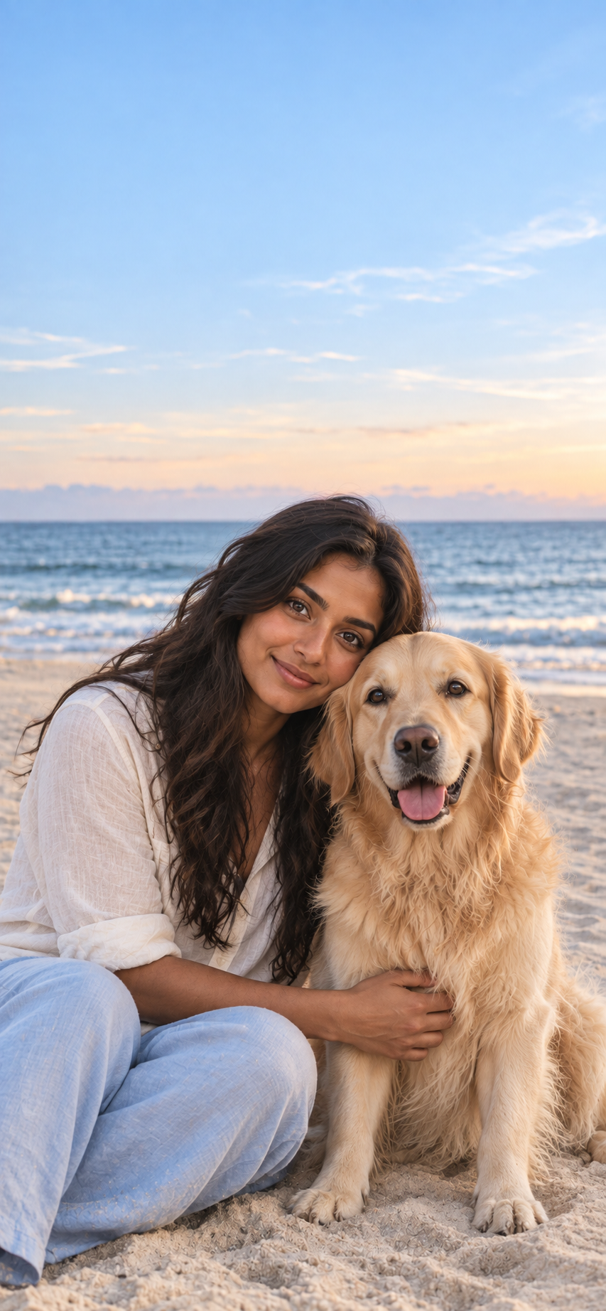 A dark-haired woman and her golden retriever on the beach at sunset