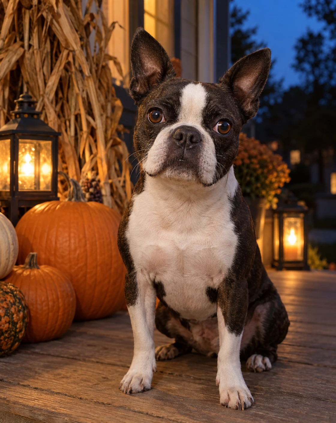 Pumpkins, lanterns and an autumn dusk.