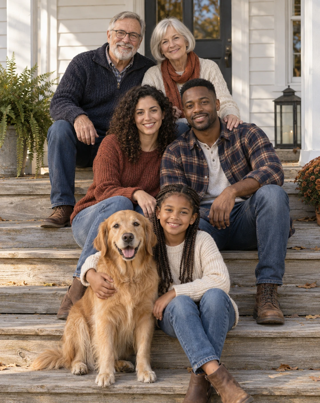 Five on the steps. One good dog at the bottom.