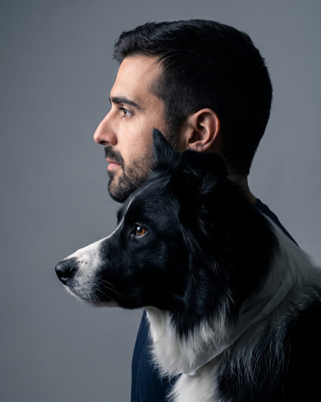 Both of you in profile, facing the same way.