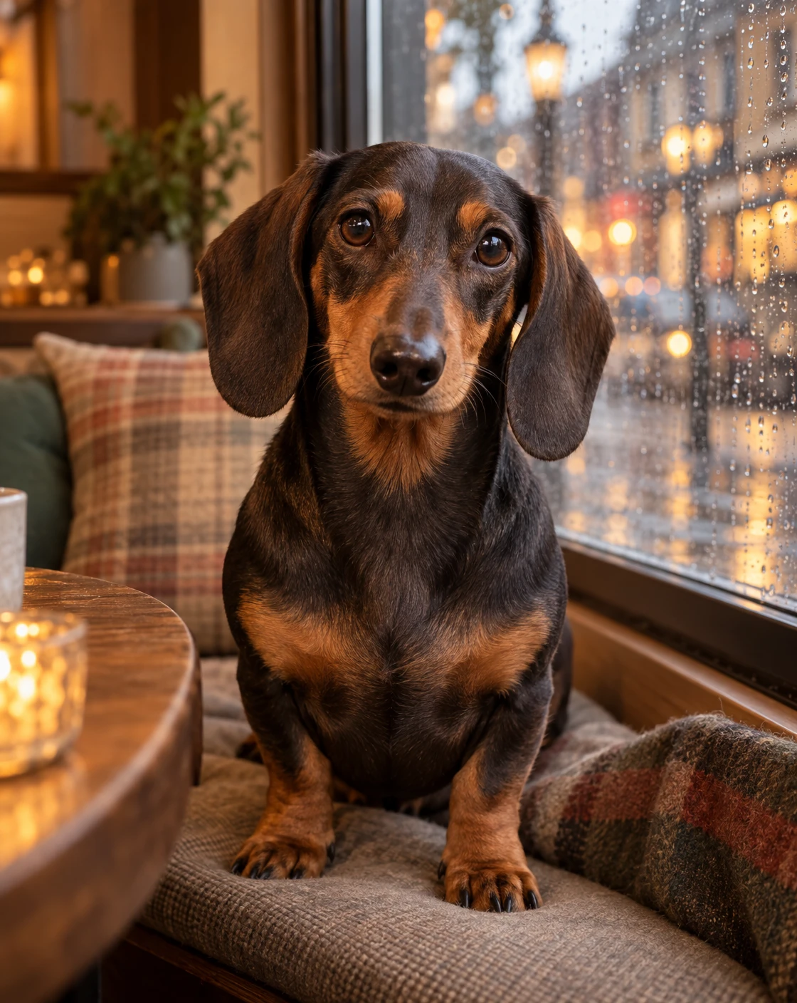 Rain outside, warm light inside.