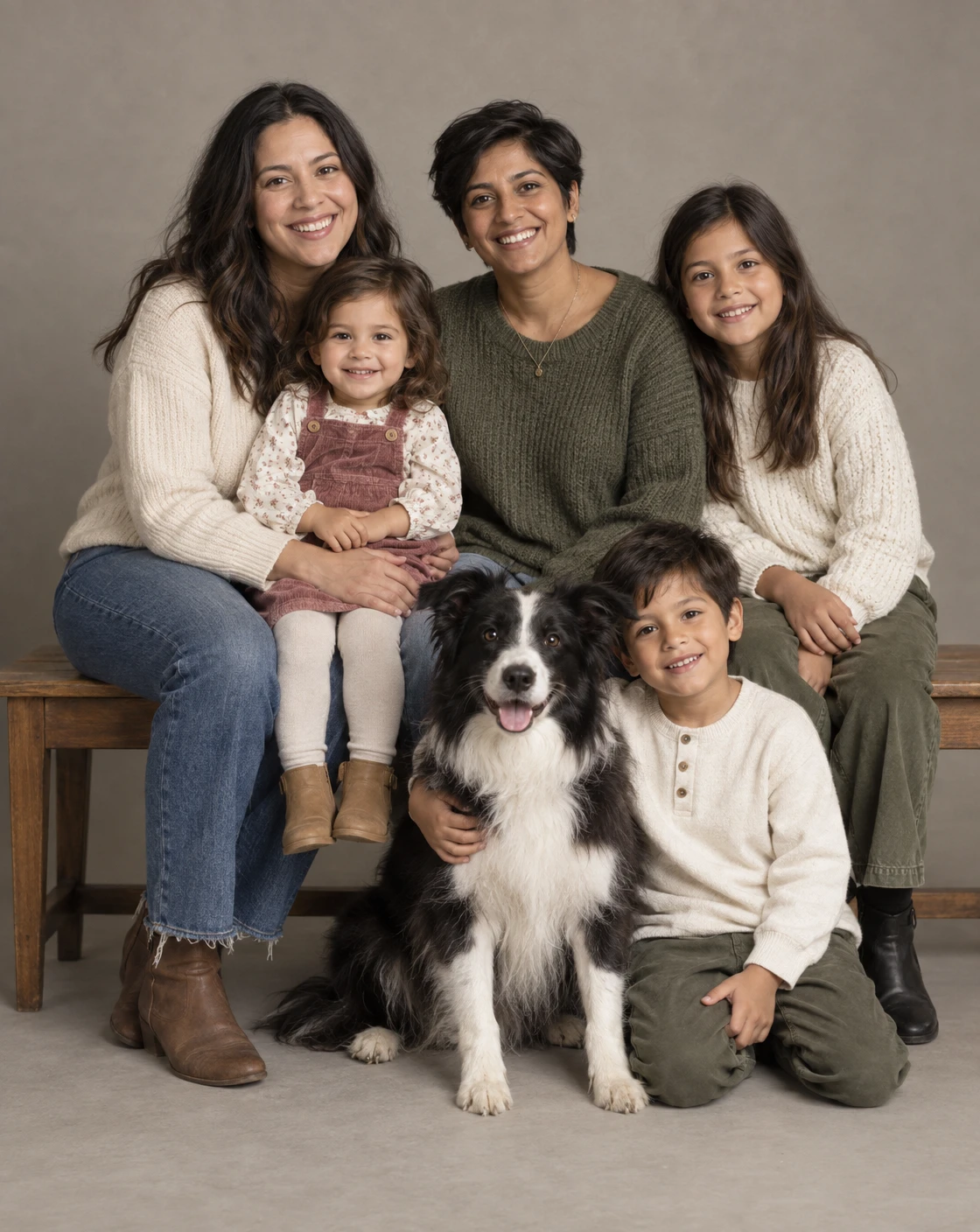 A long bench, a soft backdrop, all five of you.