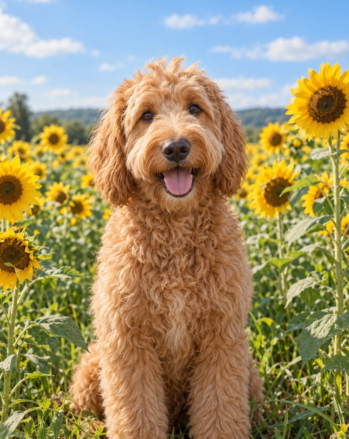 Tall sunflowers and a blue summer sky.