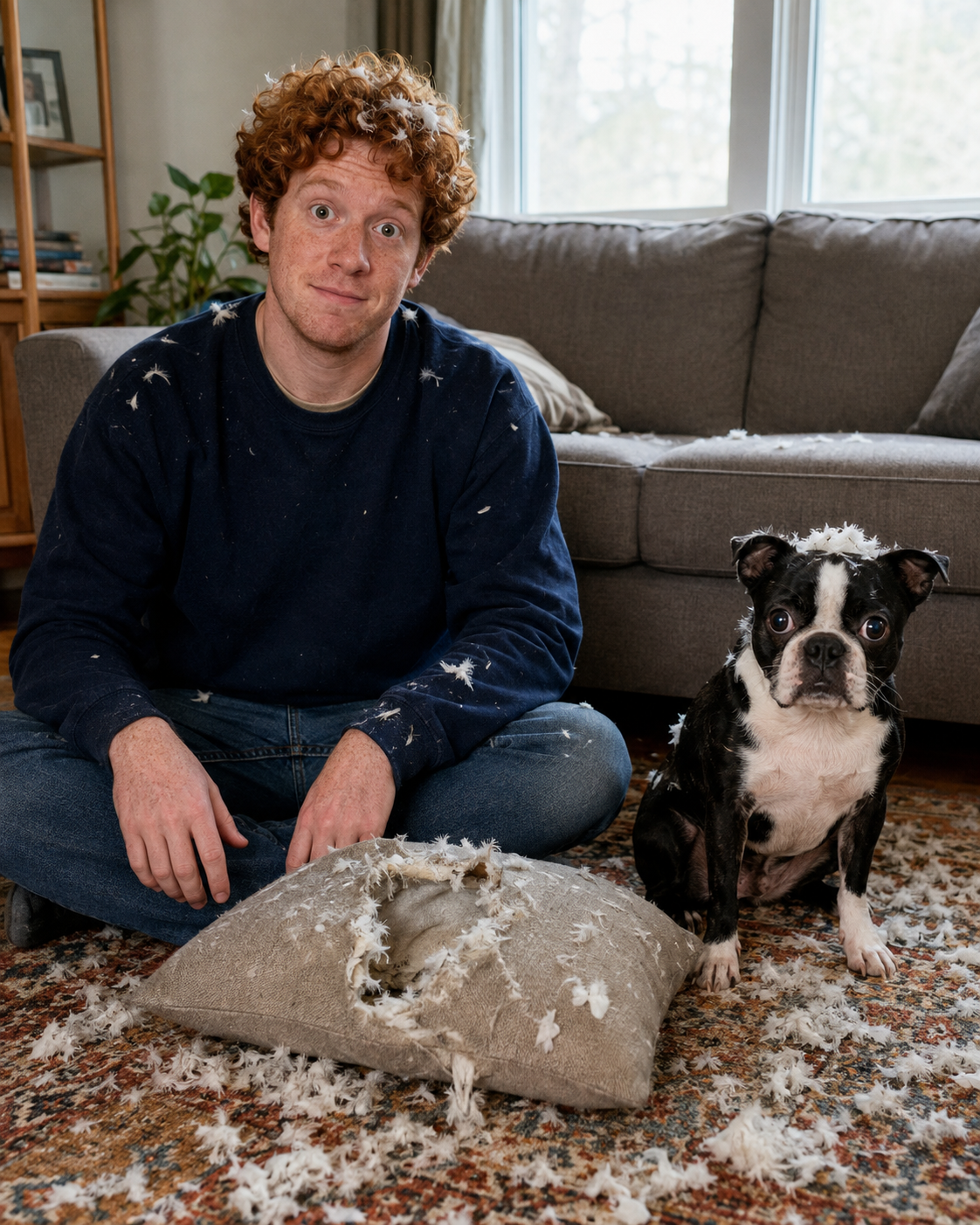 One destroyed cushion. Two very innocent faces.